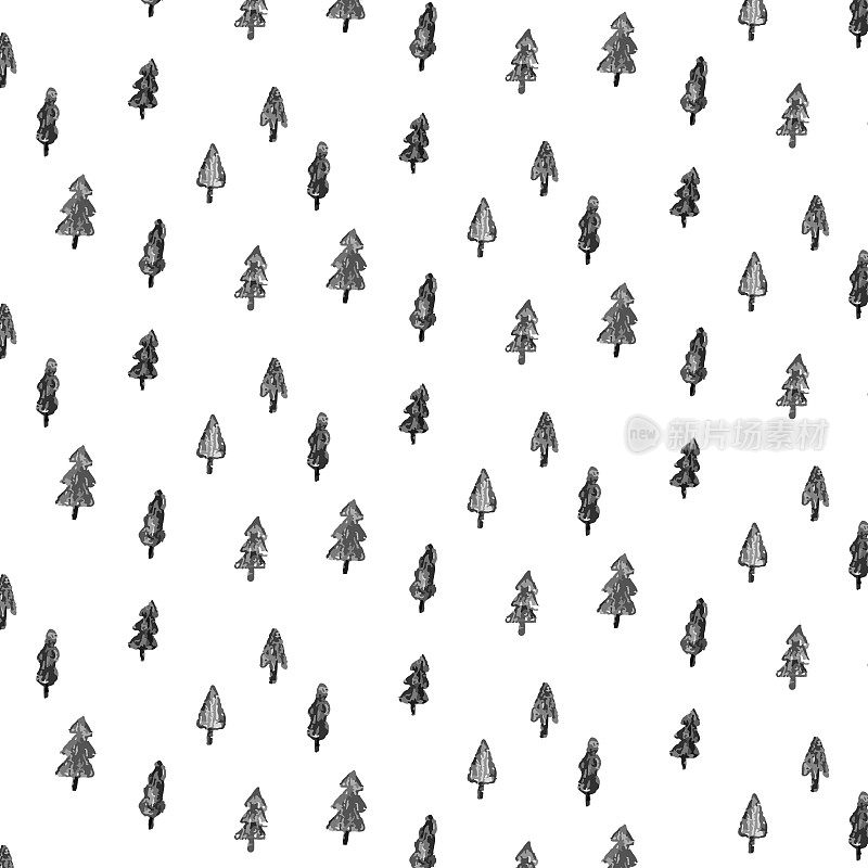 Hand drawn vector illustration of forest pattern  in minimal cartoon style. Tree doodle wallpaper for kids textile, fabric, wrapping paper, printed products. Cute simple.